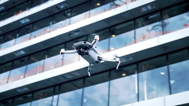 A small, white drone hovers in front of a modern office building with reflective glass windows, capturing an aerial view.