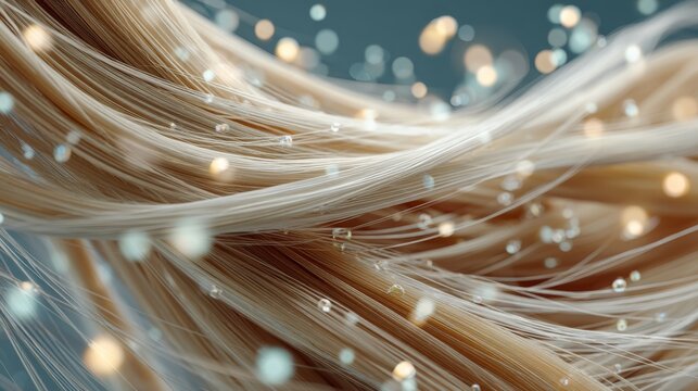 Close-up of intricate, flowing fiber optic cables with glowing light particles, representing high-speed data transmission and modern communication technology.