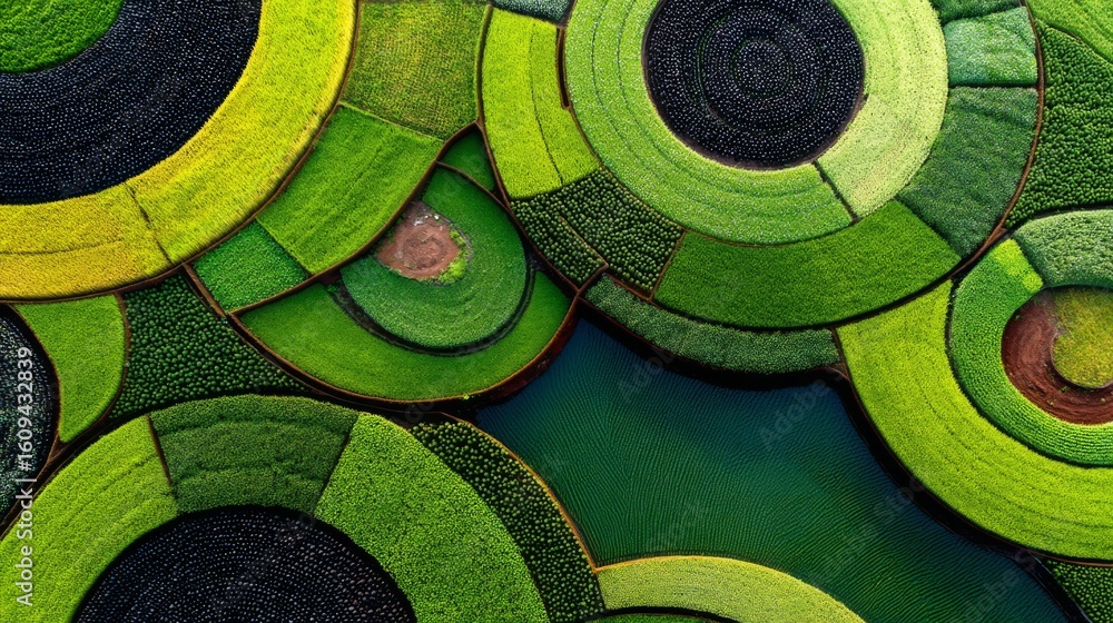 Poster aerial view of colorful, circular agricultural fields with varying shades of green and water bodies 