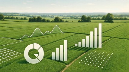 A rural landscape shows data graphs and grids blending naturally into the terrain, manufacturing process management, manufacturing planning, manufacturing strategy - Powered by Adobe