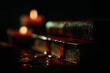 Ancient Books Stacked with Dripping Red Liquid by Candlelight, creating a suspenseful and mysterious atmosphere