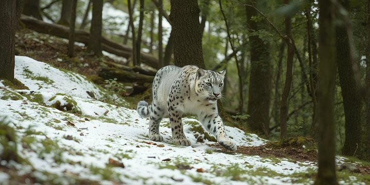 Snow leopard walking through a snowy forest with trees and green mossy patches on the ground cover