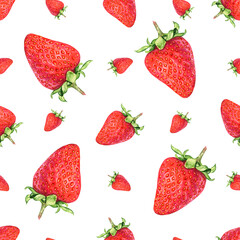 Seamless pattern with red realistic strawberries, hand drawn in watercolor.