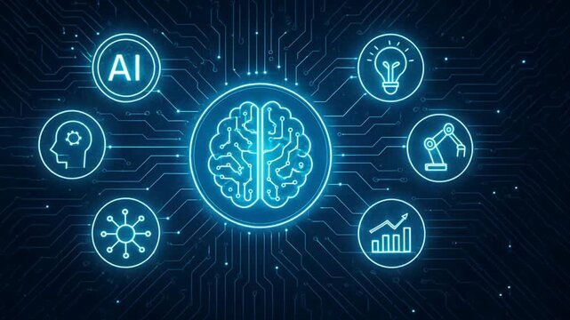 A glowing brain icon surrounded by smaller icons for ai and manufacturing process management all connected in a digital circuit like pattern, manufacturing planning, manufacturing strategy