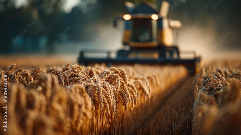 Poster a close-up view of ripe wheat stalks with a combine harvester working in the background during a gol
