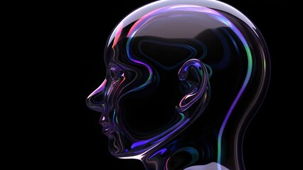 Iridescent AI Profile – Reflective Human Head Sculpture, Abstract Facial Geometry, Chromatic Neural Lightly on Black