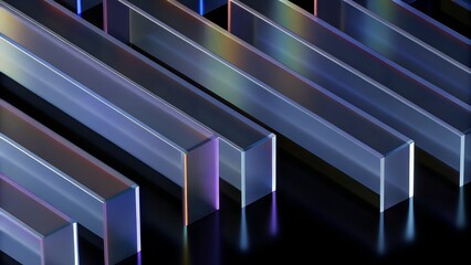 Iridescent Parallel Composition – Transparent Prism Bars, Gradient Reflection Design, Abstract Tech Rhythm on Glossy Surface