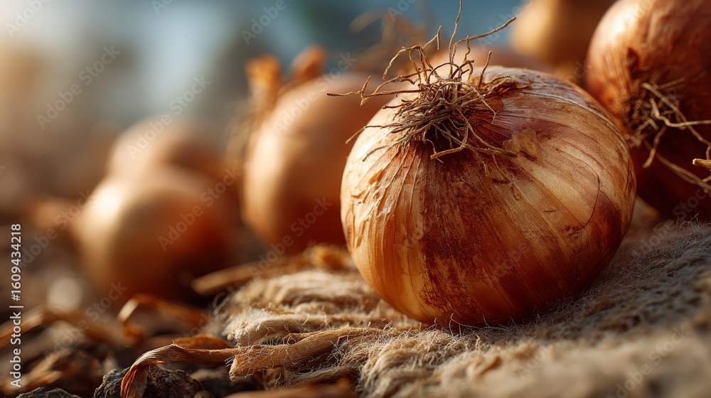 Poster a close-up image of brown onions resting on a rustic surface with a soft, blurred background of addi