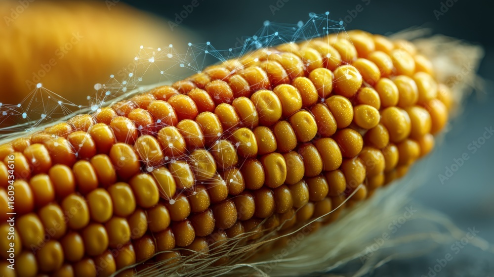Poster close-up of a corn cob with digital network connections overlay, symbolizing agricultural technology