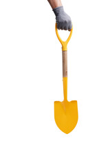 Hand in gray gloves holding shovel highlighted on white background.