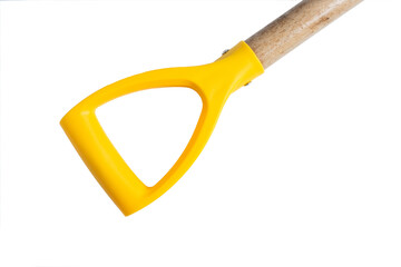 Yellow shovel handle on white background. Garden tool.