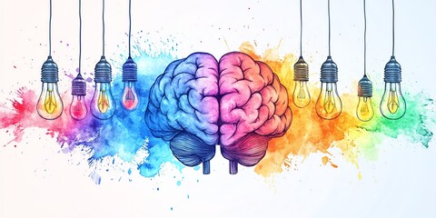 Creative concept of pastel blue linear human brain surrounded by light bulbs and rainbow watercolor sprays