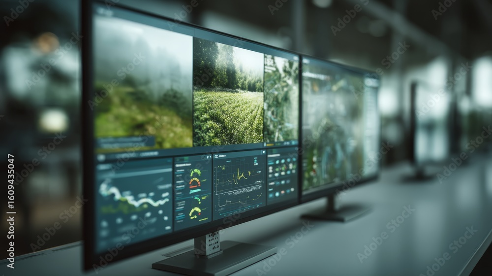 Poster multiple monitors display data analytics and environmental images in a modern office setting, sugges