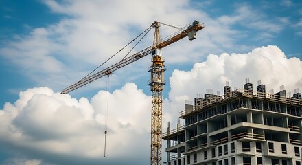 Construction site with a crane and building under construction against blue sky and white clouds