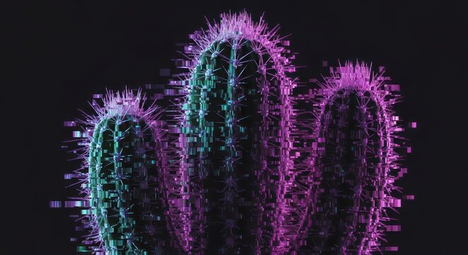Neon cactus trio against dark background digital art