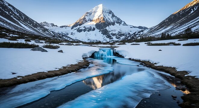 Breathtaking winter landscape featuring snow-capped mountains and icy river valley - Powered by Adobe