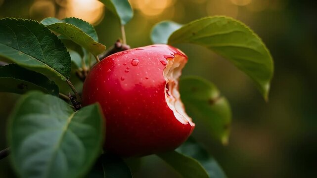 Red apple with water droplets on branch