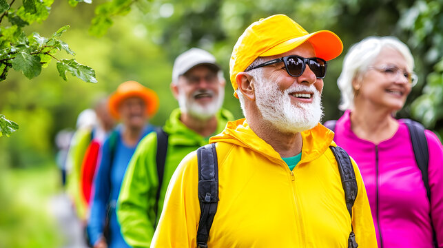 Brightly dressed seniors walk on a trail, smiling and enjoying nature in a lively environment - Powered by Adobe