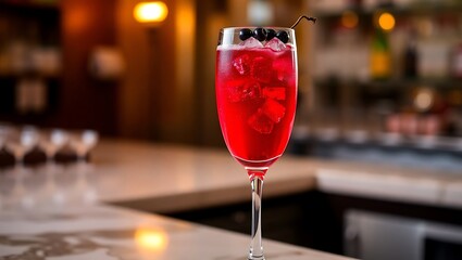 Elegant Kir Royale cocktail in a tall champagne flute, deep ruby red liquid with visible bubbles, garnished with fresh blackcurrant, placed on a marble bar counter, soft golden lighting