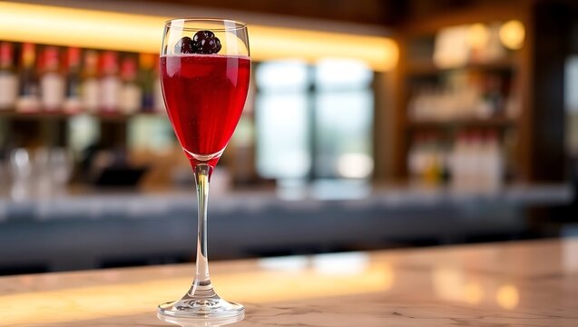 Elegant Kir Royale cocktail in a tall champagne flute, deep ruby red liquid with visible bubbles, garnished with fresh blackcurrant, placed on a marble bar counter, soft golden lighting - Powered by Adobe