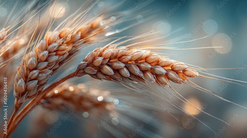 Poster close-up of golden wheat ears with dewdrops and soft bokeh background, showcasing texture and natura