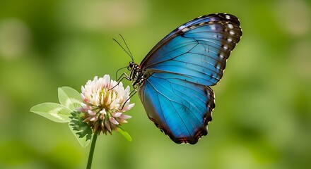 Fototapeta premium Close-up of a striking blue morpho butterfly gracefully perched upon a delicate clover blossom in