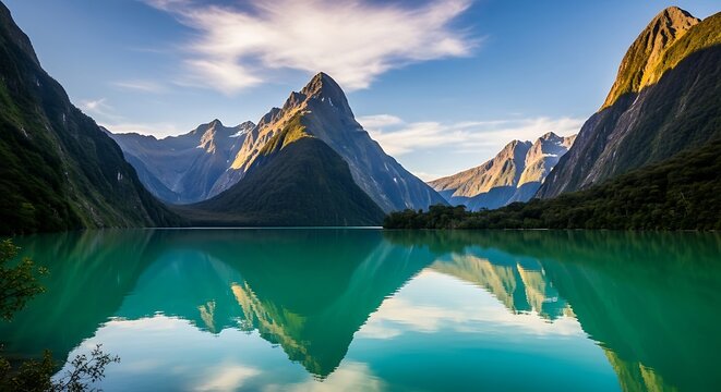 Majestic mountains reflected in the serene waters of Milford Sound, New Zealand offering a
