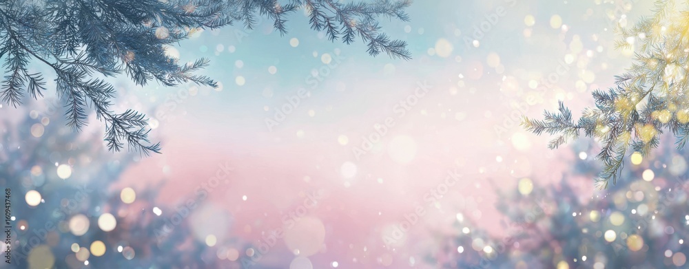 Poster the enchanting winter scene with frosted trees and shimmering bokeh lights.