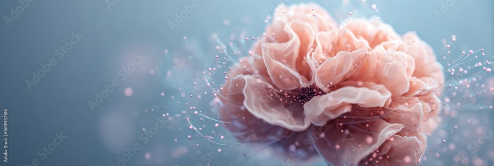 Poster merging concepts of the brain and nature with an abstract flower blooming under a soft futuristic ba