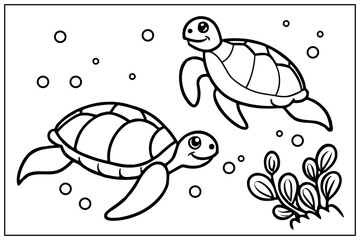 Two Cute Sea Turtles Swimming In The Ocean Coloring Page For Kids Activity