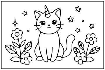 Magical Caticorn Unicorn Cat And Flowers Coloring Page For Kids Fantasy Art