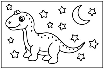 Cute Baby Dinosaur Under A Night Sky With Moon Coloring Page For Children