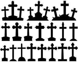 Set of black graveyard cross silhouettes for Halloween design