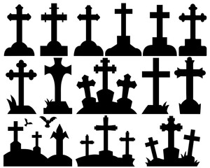 Set of black graveyard cross silhouettes for Halloween design