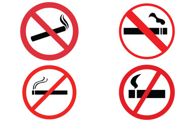 No Smoking Symbol Vector –  Icon with Cigarette and Smoke Isolated on White Background
