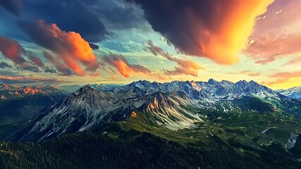 Majestic mountain landscape at sunset with vibrant clouds illuminating the serene valley below