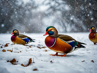 Group of mandarin ducks standing on snow covered ground during snow is falling in winter season.