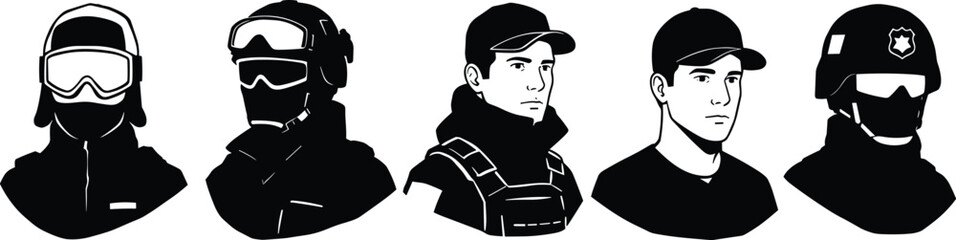 Tactical soldiers vector set, SWAT team members illustration, armed forces icons, military personnel avatars, security forces silhouettes