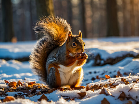 Cute fluffy red squirrel sitting on the snowy ground eats a nut in winter with nice blurred forest in the background in the morning sunrise.