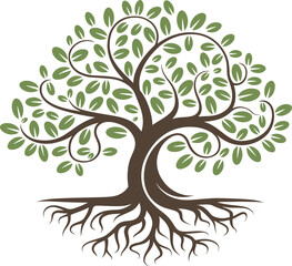 Flourishing Tree Logo Vector with Roots and Green Leaves. Nature Growth Symbol for Eco and Wellness Branding