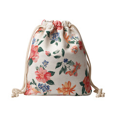 A floral-printed cotton drawstring pouch, isolated on transparent background.