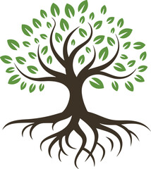 Flourishing Tree Logo Vector with Roots and Green Leaves. Nature Growth Symbol for Eco and Wellness Branding