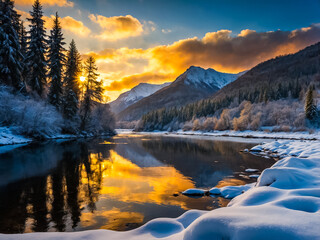 Tranquil winter scene of river in the forest with the warm glow of light from the sunset reflecting a mirror image on the water.