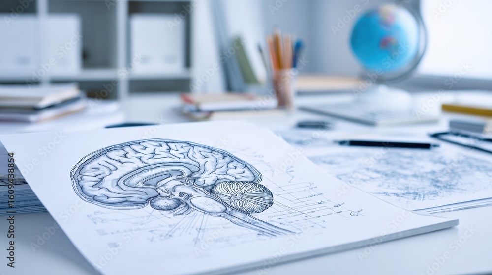 Poster blueprint of brain circuits displayed on clean desk with organized tools and materials in bright wor
