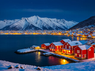 Winter scene of illuminated typical red houses in fishing village on the snow covered seashore and a snowy mountain in the background at twilight.