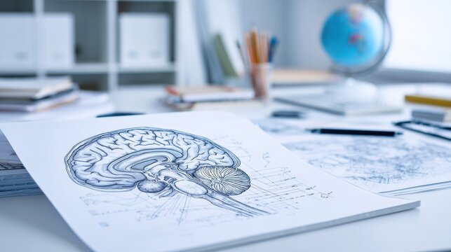 Blueprint of Brain Circuits Displayed on Clean Desk With Organized Tools and Materials in Bright Workspace