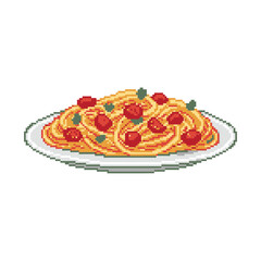 A delicious plate of spaghetti with fresh tomatoes and basil in a retro pixel art style.