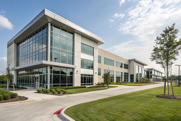 Obraz premium New modern corporate office building exterior. Exterior of modern corporate office building in office park.