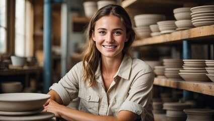 Portrait of a smiling woman potter in her pottery studio surrounded by ceramic bowls