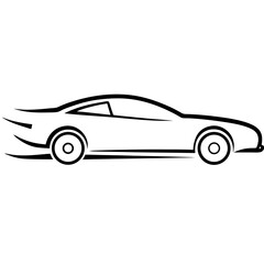 Sleek black sports car silhouette with motion lines isolated on white background